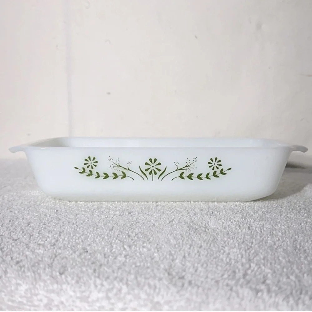 Vintage Milk Glass Green Daisy Flower Loaf Pan